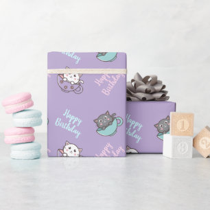 Papier Cadeau Joli chat d'anniversaire dans la tasse violet