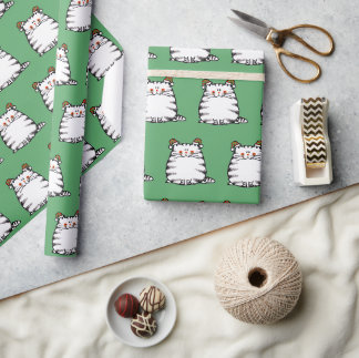 Papier Cadeau Joli Chat Grassouillet Deux Chapeaux de Noël