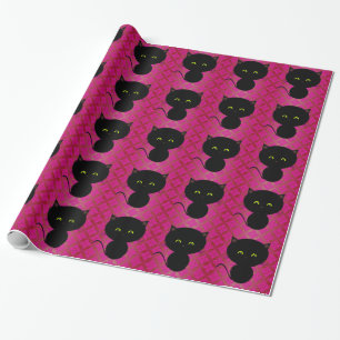 Papier Cadeau Joli chat noir sur damas rose vif