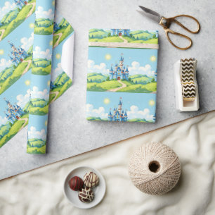 Papier Cadeau Joli château bleu et blanc