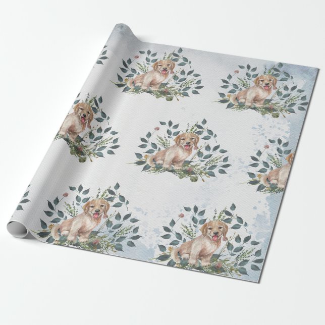 Papier Cadeau Joli Chien Chien Floral Eucalyptus (Déroulé)