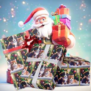 Papier Cadeau Joli chiot et chat sous l'arbre de Noël