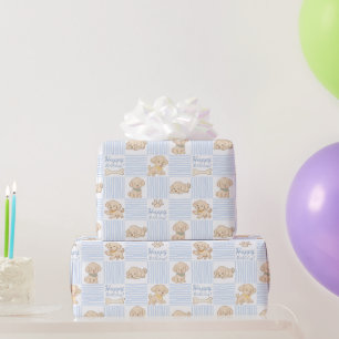 Papier Cadeau Joli chiot pastel bleu beige joyeux anniversaire