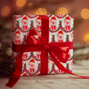 Papier Cadeau Joli cochon de Noël blanc et rouge drôle Aquarelle