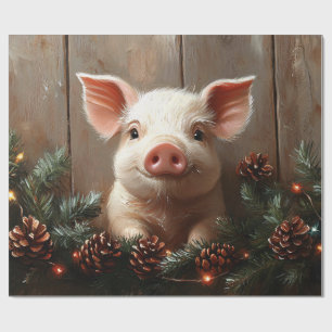 Papier Cadeau Joli Cochon de Noël Peinture Rustique Découpage