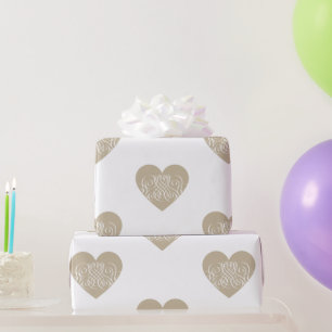 Papier Cadeau Joli Coeur or / Beige avec Filigree blanc
