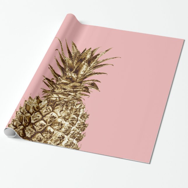 Papier Cadeau Joli élégant or girly & ananas rose pastel (Déroulé)