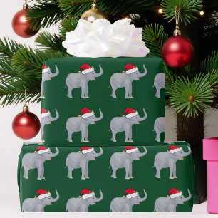 Papier Cadeau Joli éléphant de Noël à Santa Hat Green Holida
