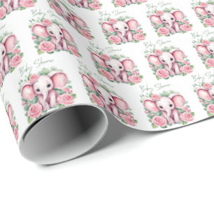 Papier Cadeau Joli Eléphant rose bébé fille Baby shower envelopp