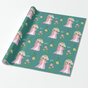 Papier Cadeau Joli Elfe Fée et Fleurs sur Teal