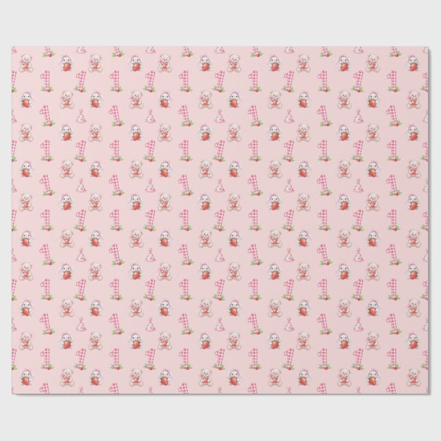 Papier Cadeau Joli En vichy rose, lapins et ours ! (Plat)