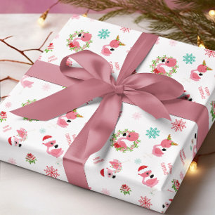 Papier Cadeau Joli Flamant rose de Noël Snowflake