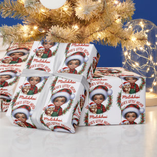 Papier Cadeau Joli garçon afro-américain avec Noël chiot