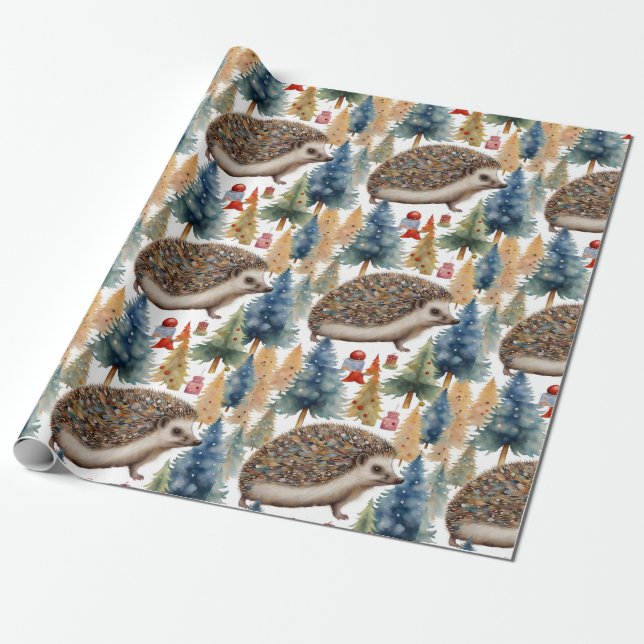 Papier Cadeau Joli Hérisson arbres de vacances (Déroulé)