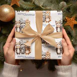 Papier Cadeau Joli hiver Animaux Aquarelle Joyeux Noël