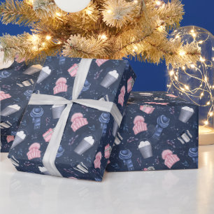Papier Cadeau Joli Hiver Rose Bleu Béanie Casquette Motif Écharp