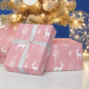 Papier Cadeau Joli hiver Vacances Rose Blanc Reindeer Motif