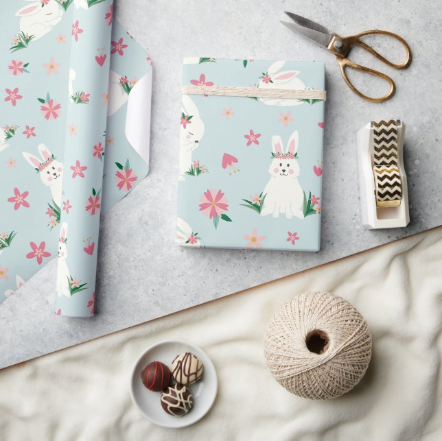 Papier Cadeau Joli lapin de Pâques Moderne rose floral (Artisanat)
