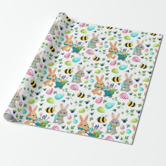 Papier Cadeau Joli lapin de Pâques, oeufs et papier d'emballage