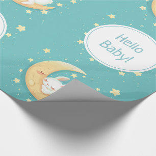 Papier Cadeau Joli Lapin Dormant Sur La Lune
