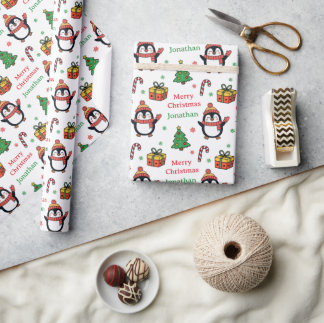 Papier Cadeau Joli manchot Noël arbre Fêtes