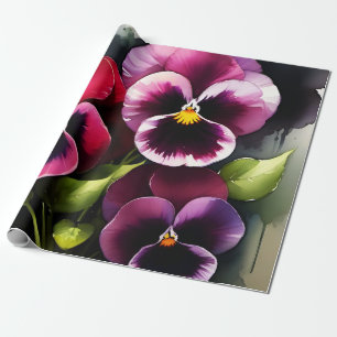 Papier Cadeau Joli marron noir rouge pansies aquarelle peinture