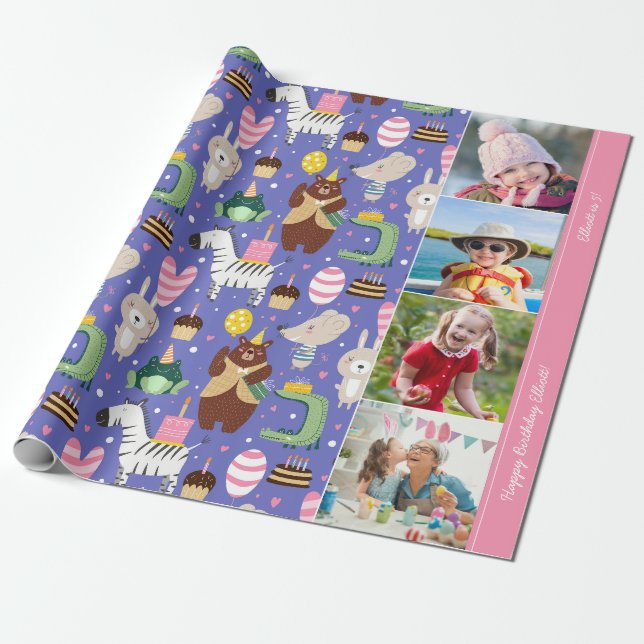Papier Cadeau Joli Motif animal Texte d'anniversaire + Photo (Déroulé)