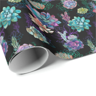 Papier Cadeau *~ * Joli Motif bleu vert Succulent sur noir