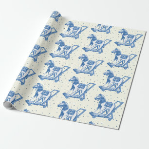 Papier Cadeau Joli motif de cheval à bascule vintage bleu