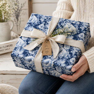 Papier Cadeau Joli motif floral bleu indigo élégant