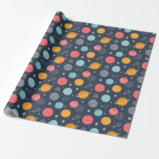 Papier Cadeau Joli Motif Planète Souriante (Déroulé)
