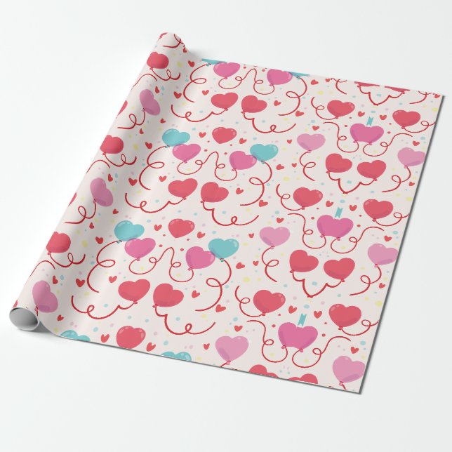 Papier Cadeau Joli Motif Rose Bleu Rouge Coeurs (Déroulé)