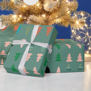 Papier Cadeau Joli motif vert arrière - plan sapins de Noël rose