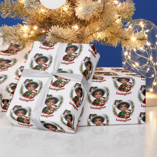 Papier Cadeau Joli Noël Africain Américain Boy & Puppy (Vacances)