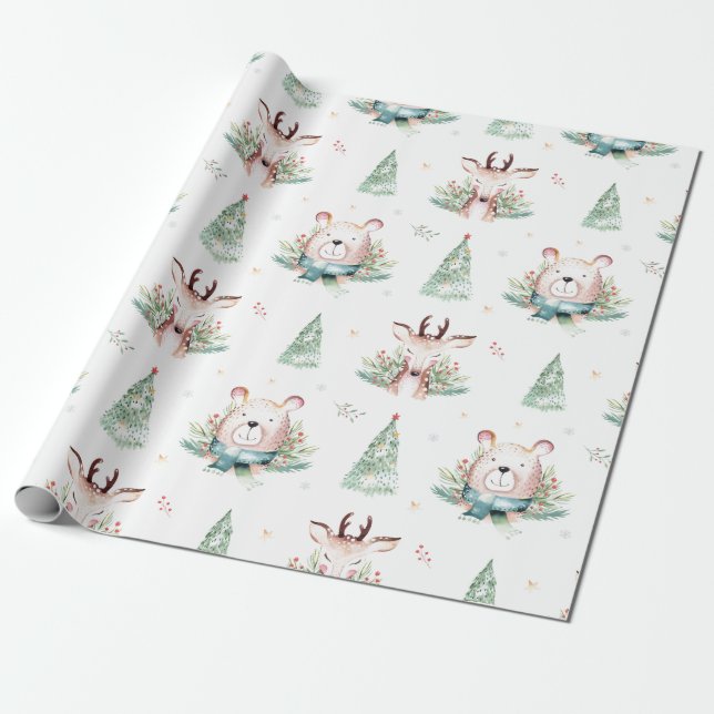 Papier Cadeau Joli Noël Arbres de Noël Bois Ours & Cerfs (Déroulé)