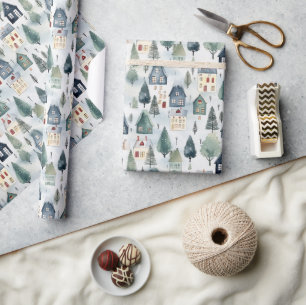Papier Cadeau Joli Noël Hiver Aquarelle Maisons Motif