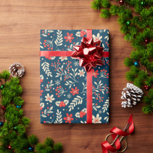 Papier Cadeau Joli Noël Holly Mistletoe Floral Rouge Bleu