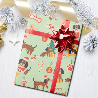 Papier Cadeau Joli Noël vert en dachshund Merry Woofmas