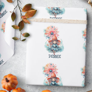 Papier Cadeau Joli Nom Fille Rose Sorcière Aquarelle Halloween