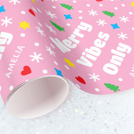 Papier Cadeau Joli nom personnalisé vacances rétro rose Noël