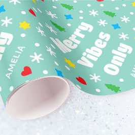 Papier Cadeau Joli Nom Personnalisé Vacances Rétro Vert Noël