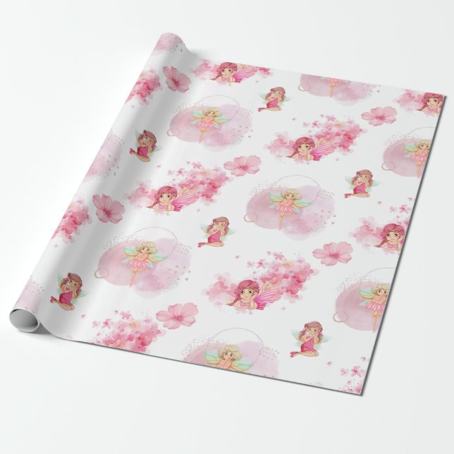Papier Cadeau Joli papier d'emballage fée rose pour filles (Déroulé)