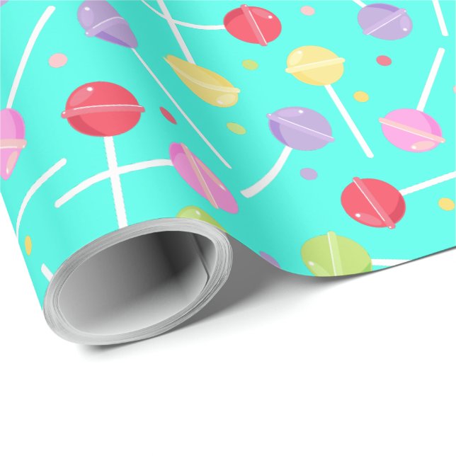Papier Cadeau Joli Pastel Retro Lollipop Candy sur Baby Blue (Coin rond)