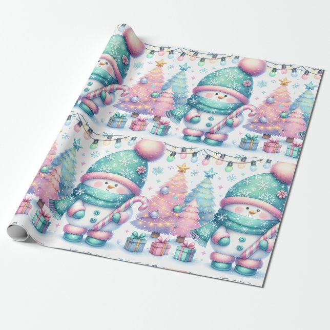 Papier Cadeau Joli Pastel Snowman Noël Grande Échelle (Déroulé)