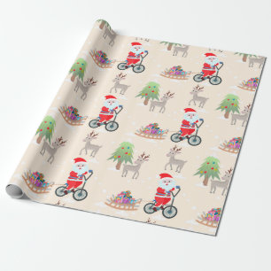 Papier Cadeau Joli Père Noël à vélo Motif de Noël