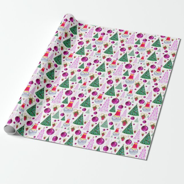 Papier Cadeau Joli Père Noël et arbres de Noël Motif aquarelle (Déroulé)