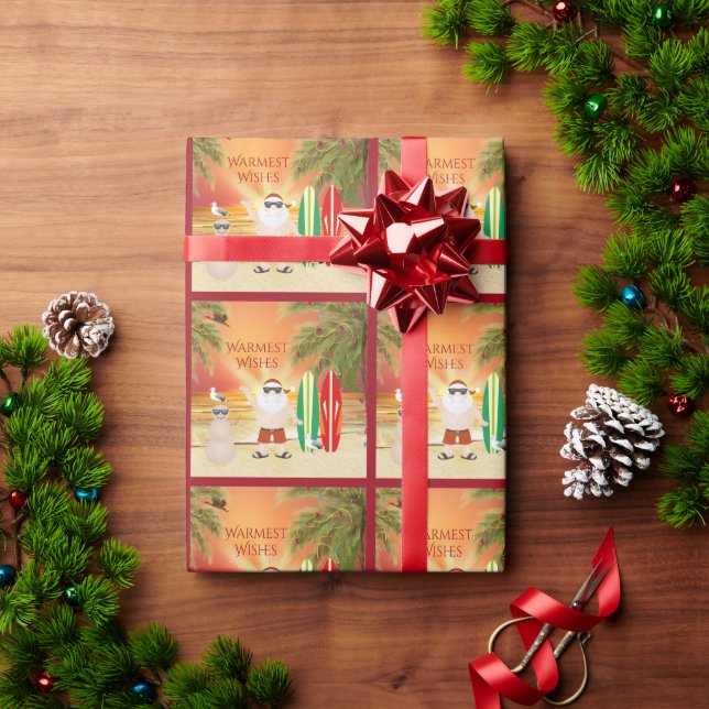 Papier Cadeau Joli Père Noël et Surfboards Plage Surf Noël (Cadeau de vacances)