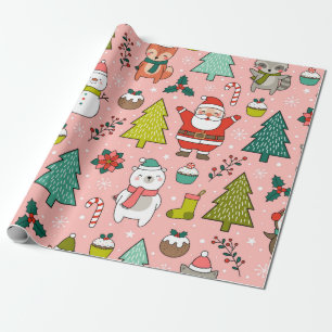 Papier Cadeau Joli personnage de dessin animé, pins et Noël e