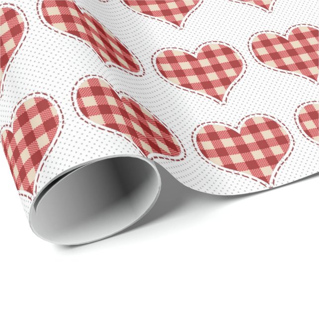 Papier Cadeau Joli Plaid Red Hearts Dotty Motif (Coin rond)