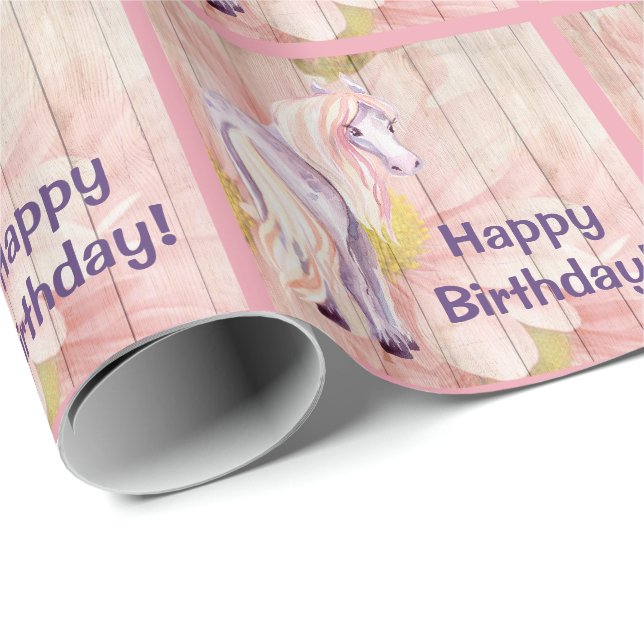 Papier Cadeau Joli Pony et marguerites Barn Bois Cheval Annivers (Coin rond)
